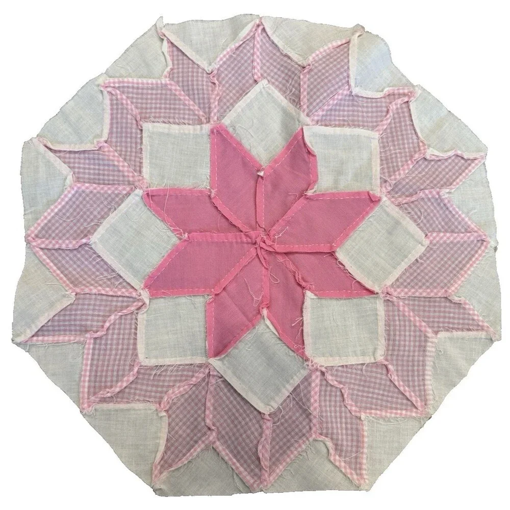 Vintage Hand Pieced Quilt Block Orphan Square 8-Point Star Pink 14